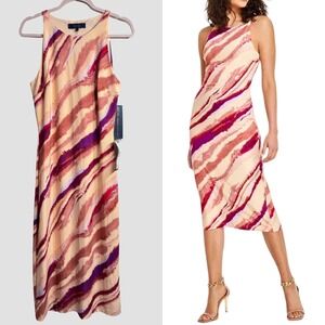 Rachel Roy Sleeveless Sheath Midi Dress Brown Pink Abstract‎ Print Stretch NWT